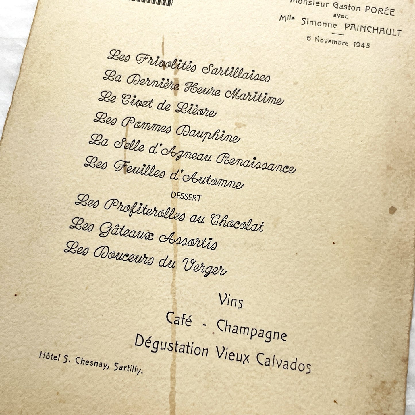 1940s - Vintage French Wedding Menu - Sartilly France - Post War Celebration Memorabilia - Historical Dining Ephemera from 1945