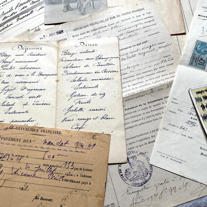 1920s French documents lot with vintage letters, receipts, menu, postcard, and stock certificate, all paper ephemera.