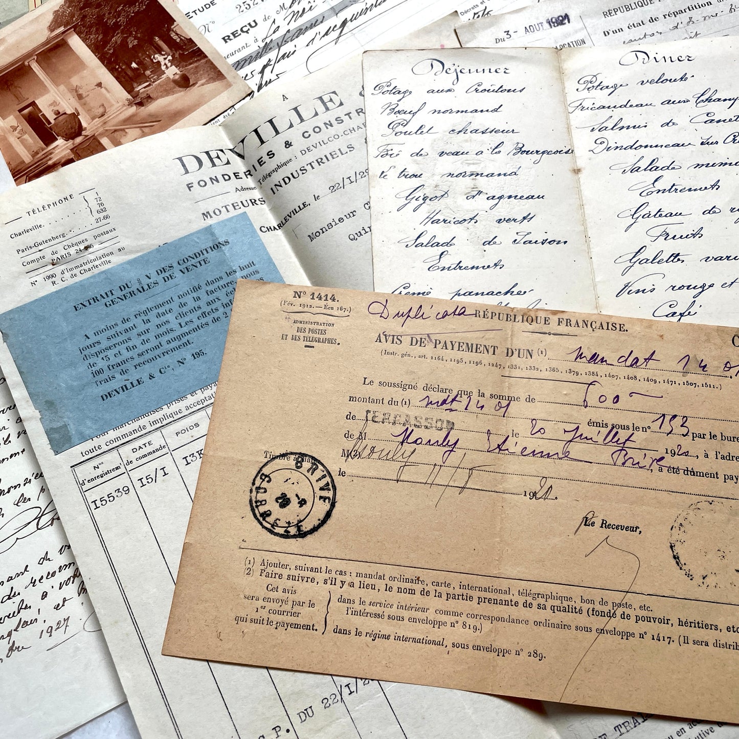 1920s French documents lot with vintage letters, receipts, menu, postcard, and stock certificate, all paper ephemera.