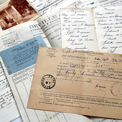 1920s French documents lot with vintage letters, receipts, menu, postcard, and stock certificate, all paper ephemera.