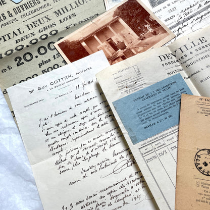 1920s French documents lot with vintage letters, receipts, menu, postcard, and stock certificate, all paper ephemera.