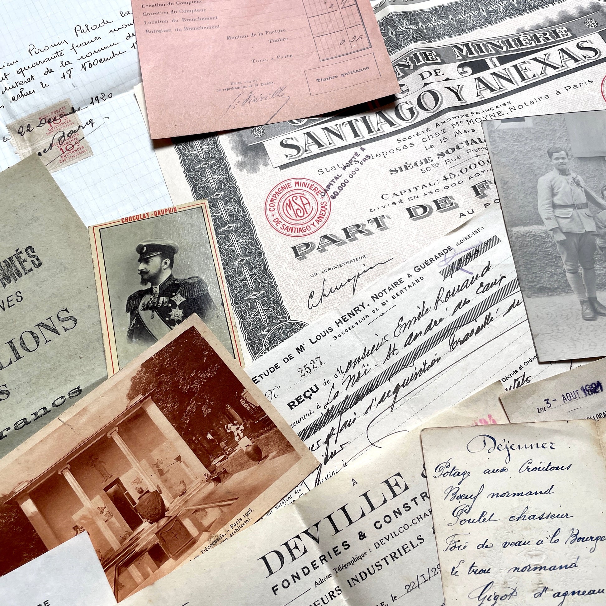 1920s French documents lot with vintage letters, receipts, menu, postcard, and stock certificate, all paper ephemera.