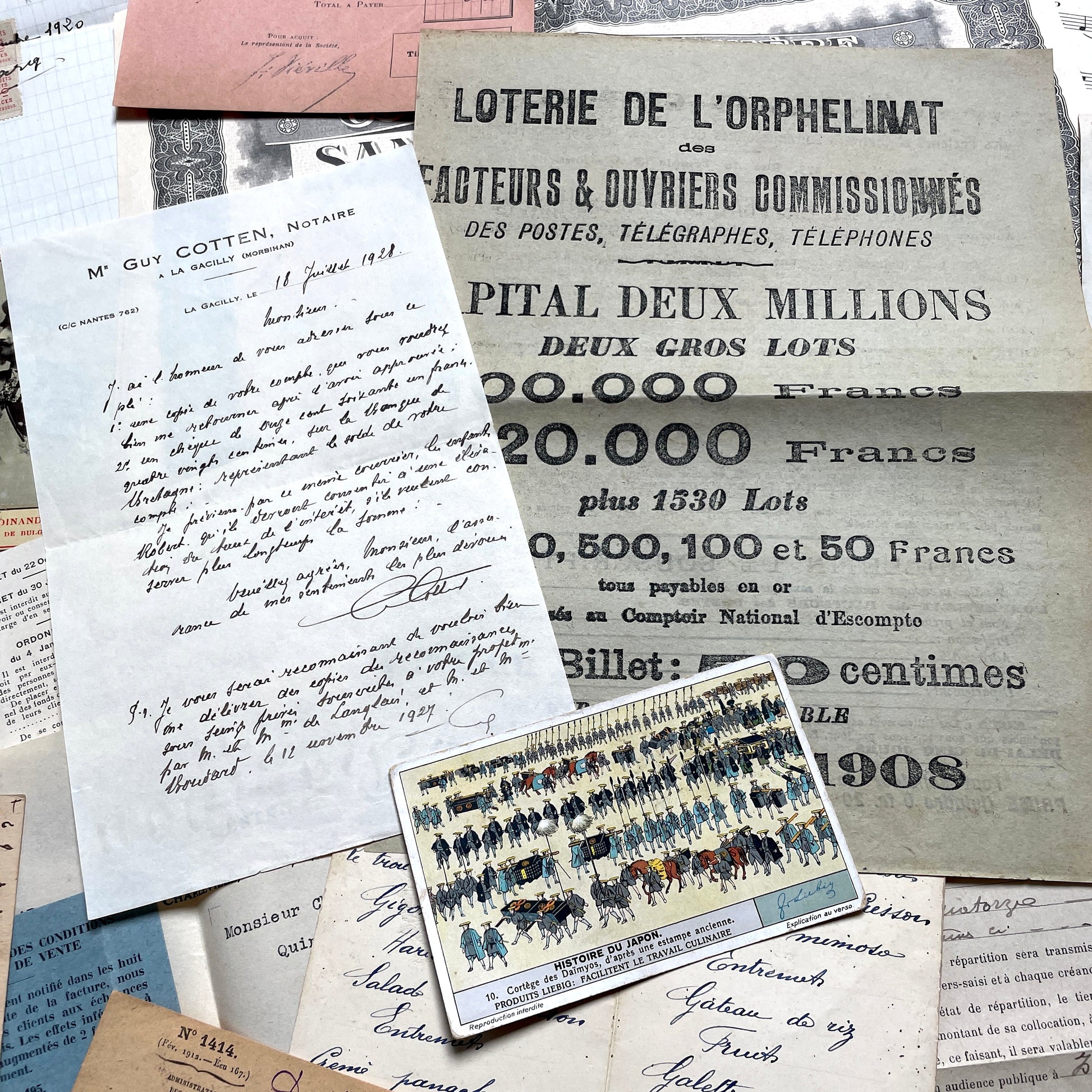 1920s French documents lot with vintage letters, receipts, menu, postcard, and stock certificate, all paper ephemera.