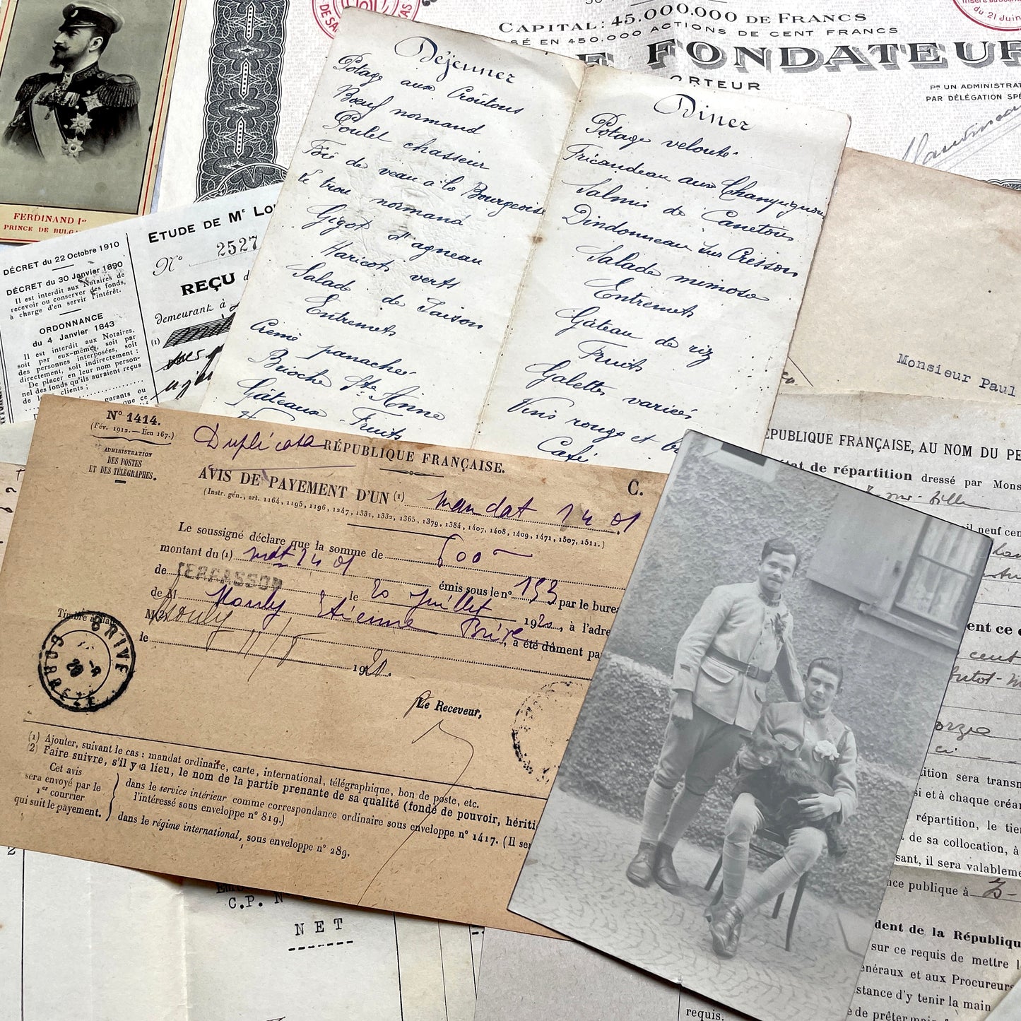 1920s French documents lot with vintage letters, receipts, menu, postcard, and stock certificate, all paper ephemera.