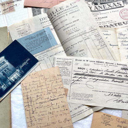 1920s French documents lot with vintage letters, receipts, menu, postcard, and stock certificate, all paper ephemera.