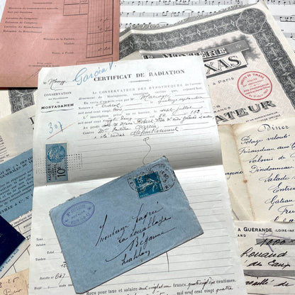1920s French documents lot with vintage letters, receipts, menu, postcard, and stock certificate, all paper ephemera.