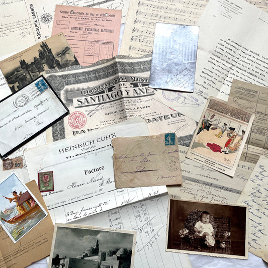 Vintage 1920s French paper ephemera lot featuring diverse antique documents, letters, invoices, and postcards from France.