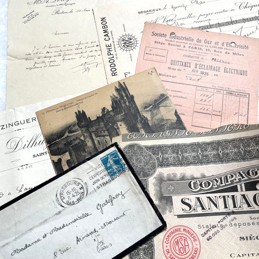 Vintage 1920s French paper ephemera lot featuring diverse antique documents, letters, invoices, and postcards from France.
