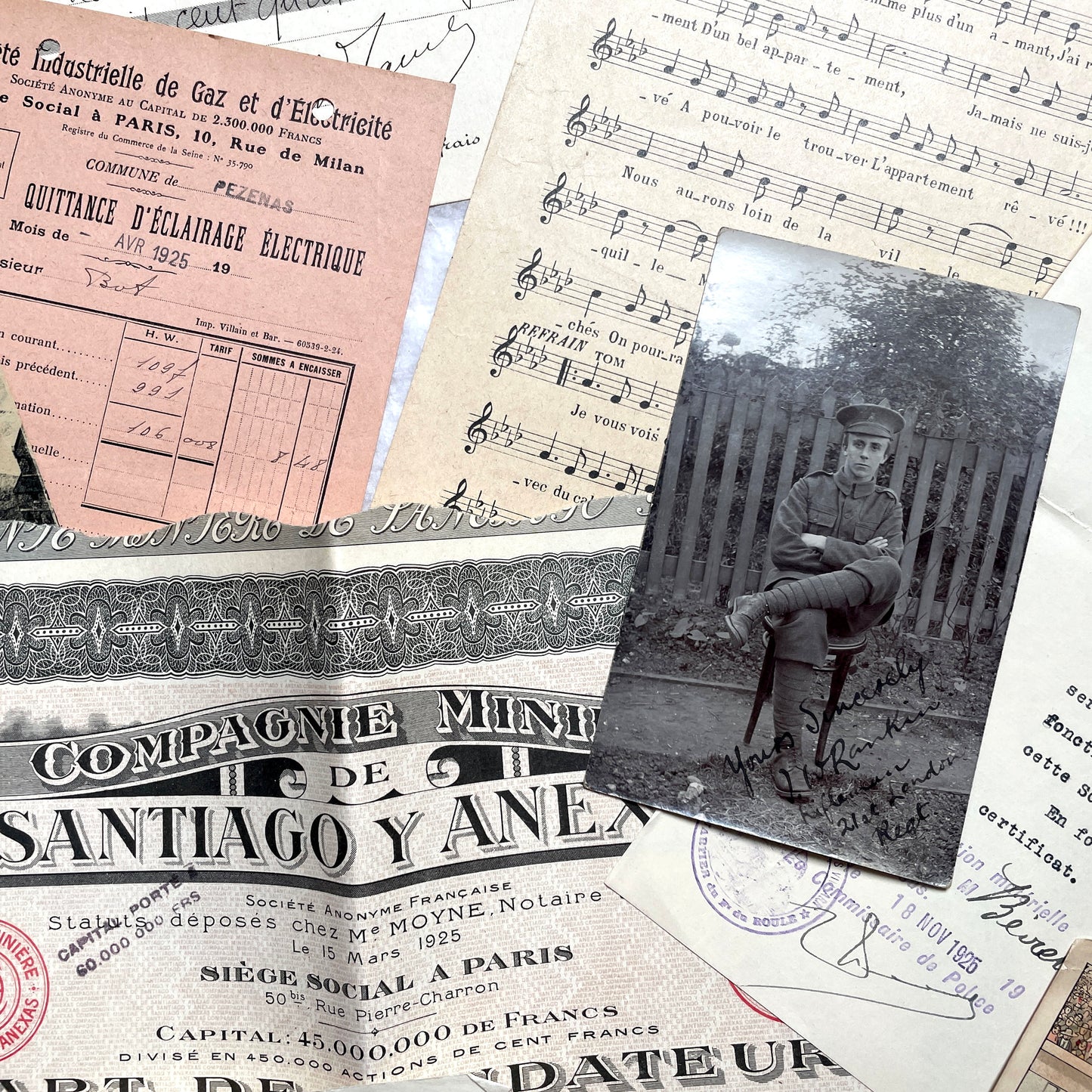 Vintage 1920s French paper ephemera lot featuring diverse antique documents, letters, invoices, and postcards from France.