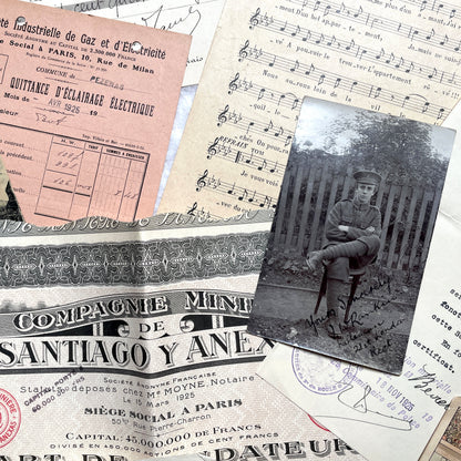 Vintage 1920s French paper ephemera lot featuring diverse antique documents, letters, invoices, and postcards from France.