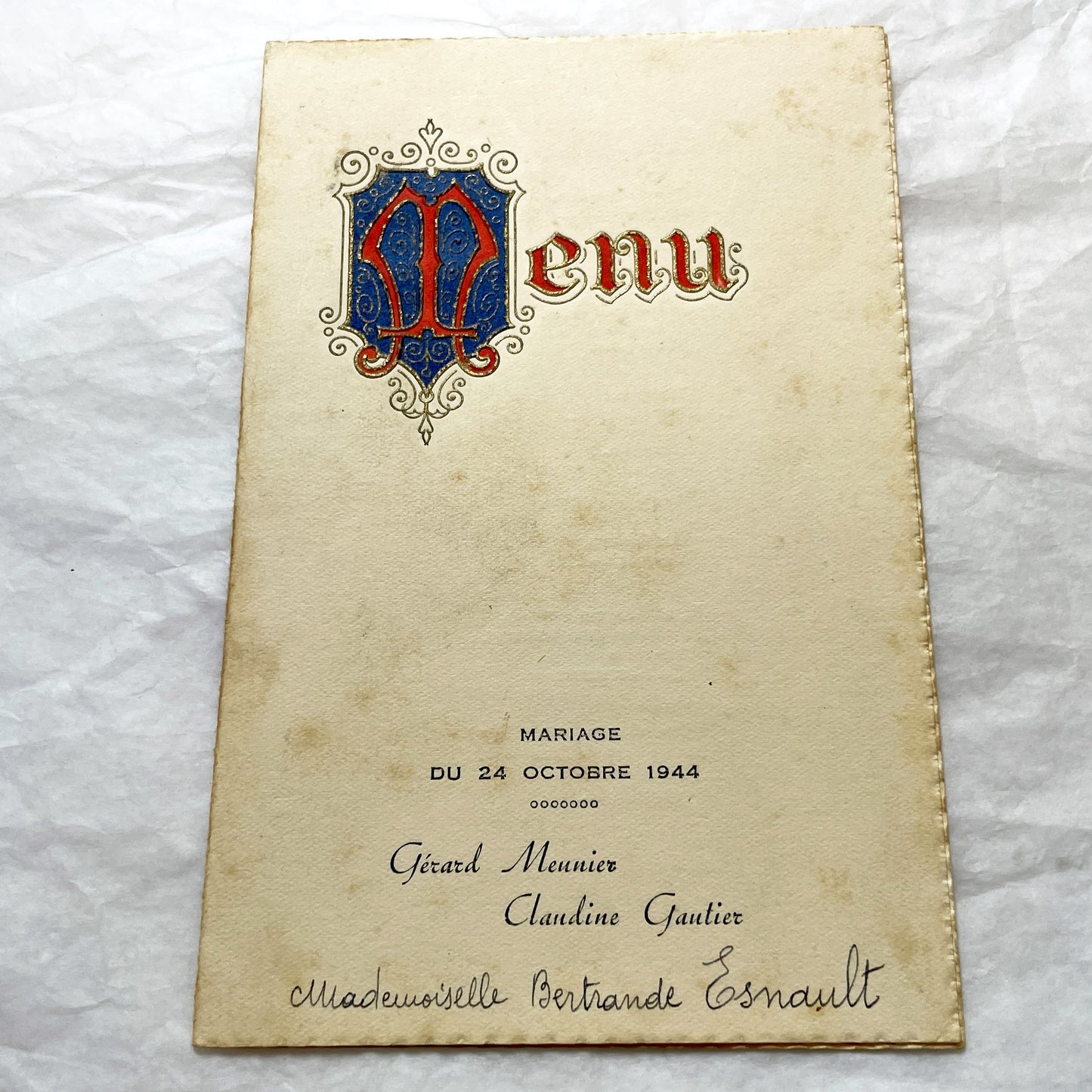 1940s - French Wedding Menu 1944 - Vintage European Ephemera - Wartime Marriage Celebration Dinner Program - Antique Historical Paper