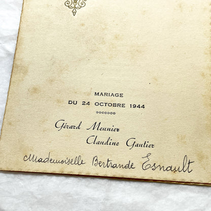 1940s - French Wedding Menu 1944 - Vintage European Ephemera - Wartime Marriage Celebration Dinner Program - Antique Historical Paper