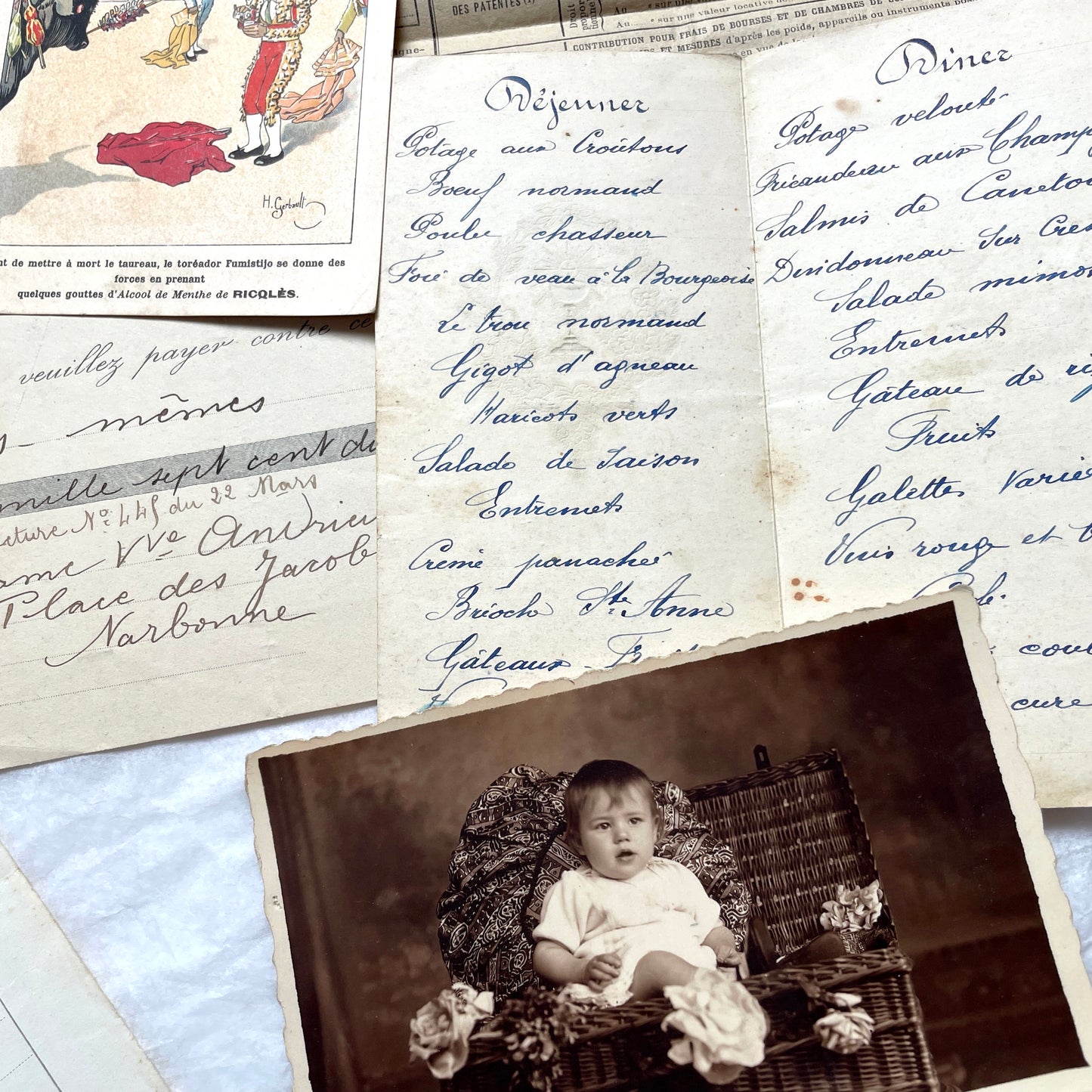 Vintage 1920s French paper ephemera lot featuring diverse antique documents, letters, invoices, and postcards from France.