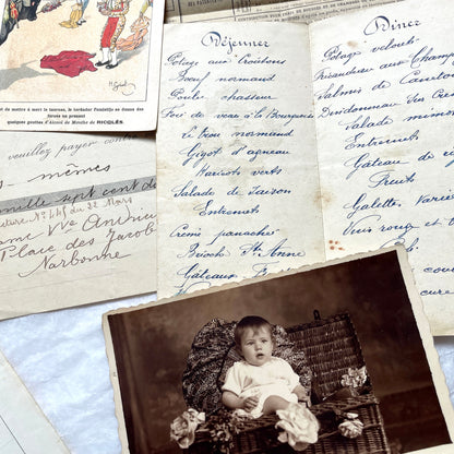 Vintage 1920s French paper ephemera lot featuring diverse antique documents, letters, invoices, and postcards from France.