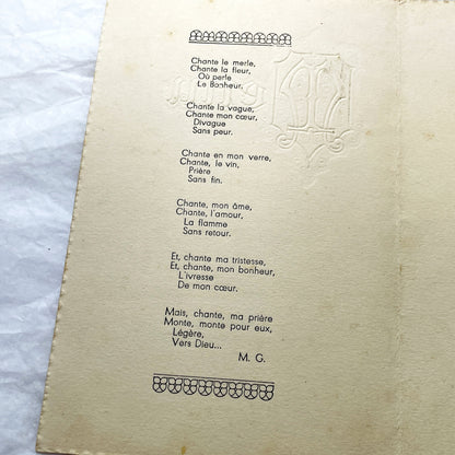 1940s - French Wedding Menu 1944 - Vintage European Ephemera - Wartime Marriage Celebration Dinner Program - Antique Historical Paper