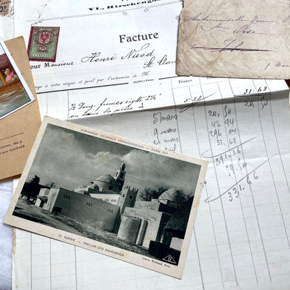 Vintage 1920s French paper ephemera lot featuring diverse antique documents, letters, invoices, and postcards from France.