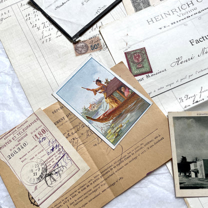 Vintage 1920s French paper ephemera lot featuring diverse antique documents, letters, invoices, and postcards from France.