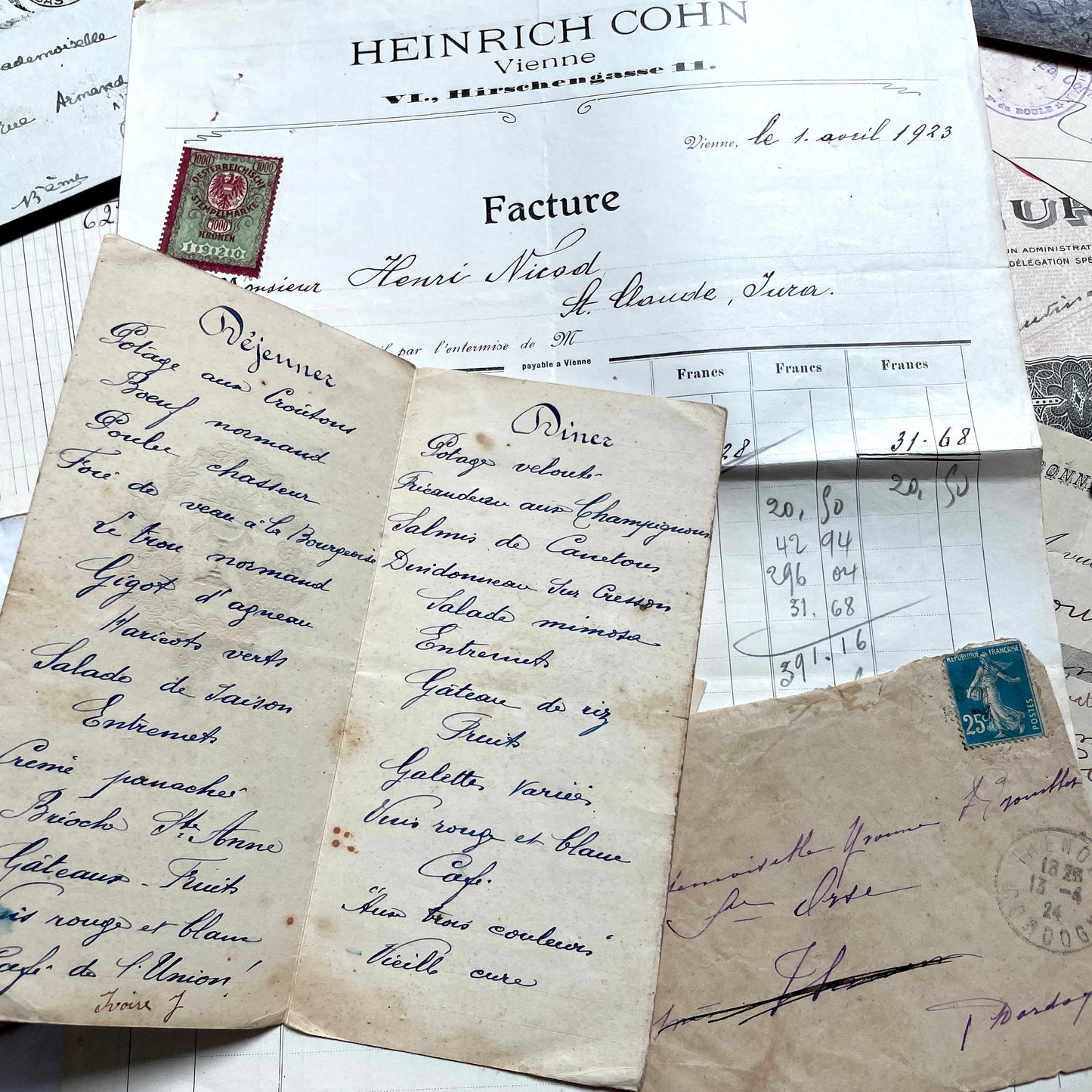 Vintage 1920s French paper ephemera lot featuring diverse antique documents, letters, invoices, and postcards from France.