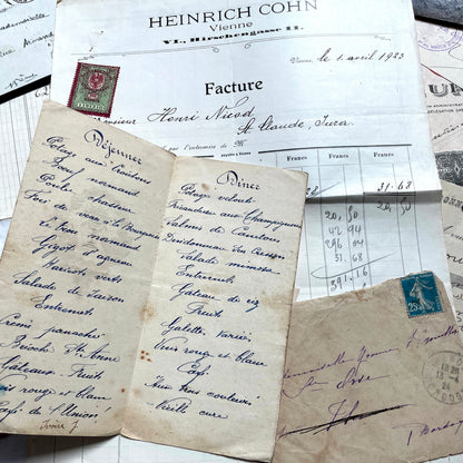Vintage 1920s French paper ephemera lot featuring diverse antique documents, letters, invoices, and postcards from France.