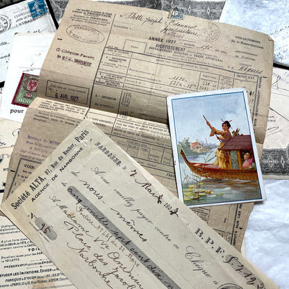 Vintage 1920s French paper ephemera lot featuring diverse antique documents, letters, invoices, and postcards from France.