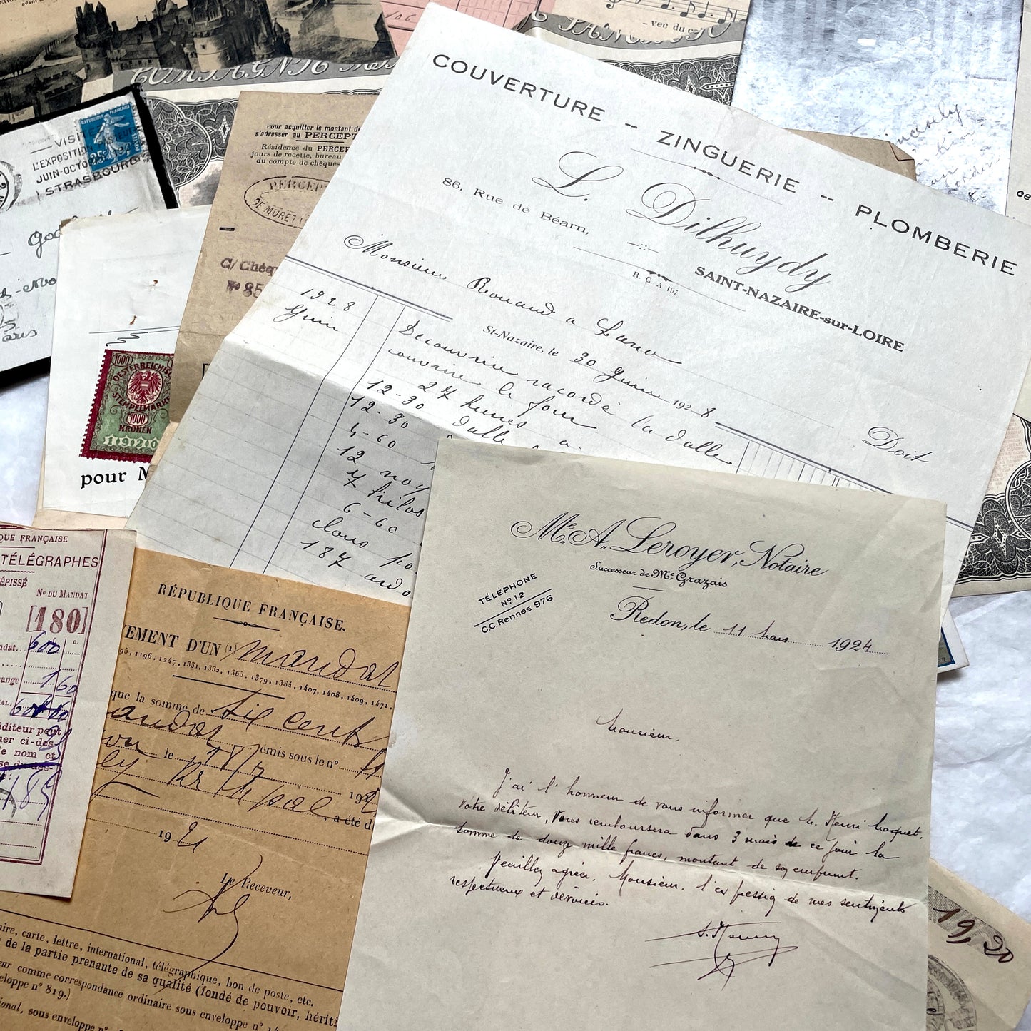 Vintage 1920s French paper ephemera lot featuring diverse antique documents, letters, invoices, and postcards from France.