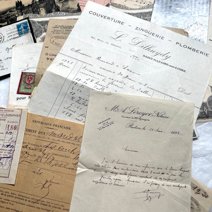 Vintage 1920s French paper ephemera lot featuring diverse antique documents, letters, invoices, and postcards from France.