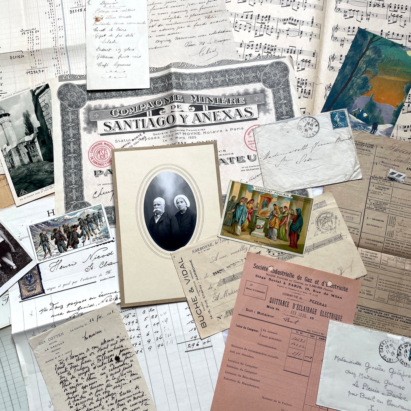 1920s French historical paper ephemera lot with stock certificate, handwritten letters, postcards, and vintage photo.