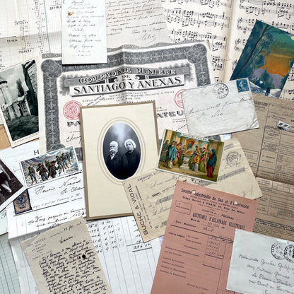 1920s French historical paper ephemera lot with stock certificate, handwritten letters, postcards, and vintage photo.