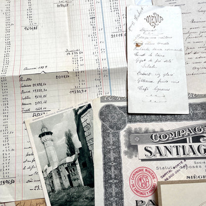 1920s French historical paper ephemera lot with stock certificate, handwritten letters, postcards, and vintage photo.