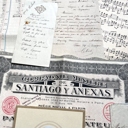 1920s French historical paper ephemera lot with stock certificate, handwritten letters, postcards, and vintage photo.