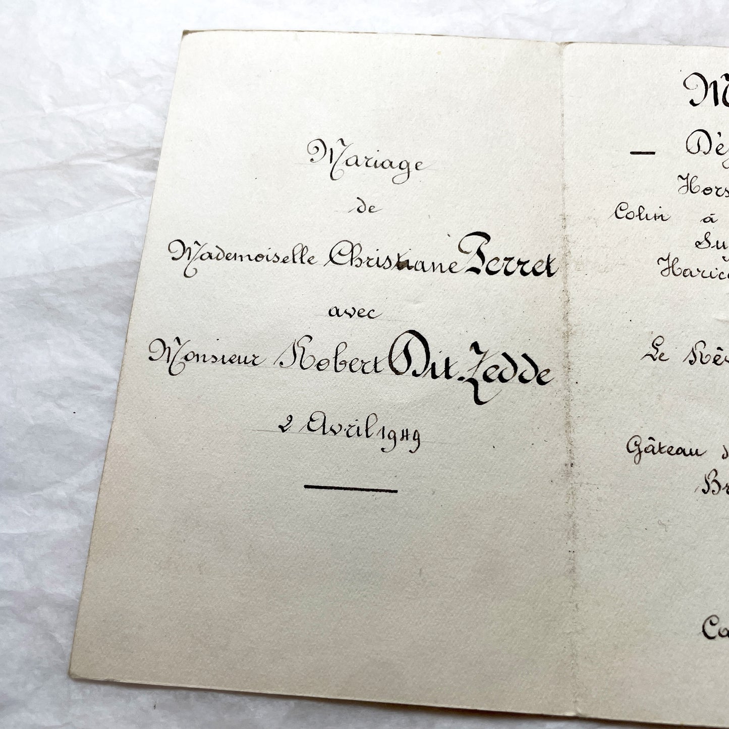 1910s - 1940s - French Wedding Ephemera Set - Marriage Menu & Illustrated Card - Christiane and Robert Marriage