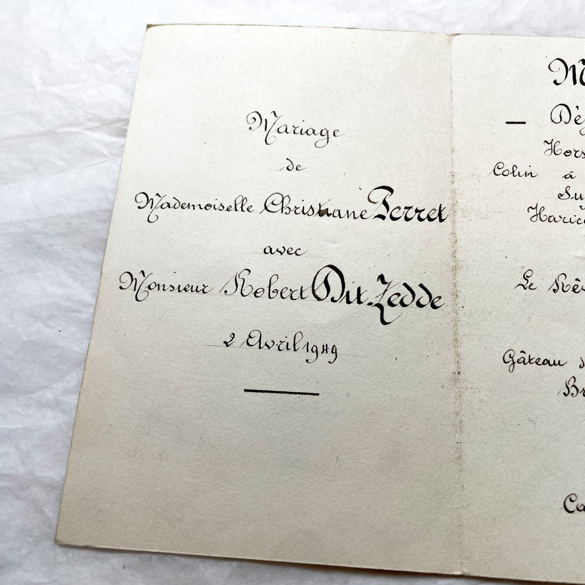 1910s - 1940s - French Wedding Ephemera Set - Marriage Menu & Illustrated Card - Christiane and Robert Marriage