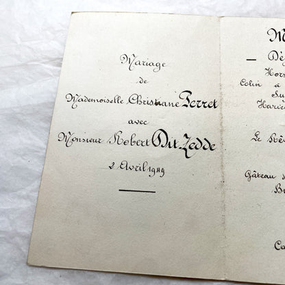 1910s - 1940s - French Wedding Ephemera Set - Marriage Menu & Illustrated Card - Christiane and Robert Marriage