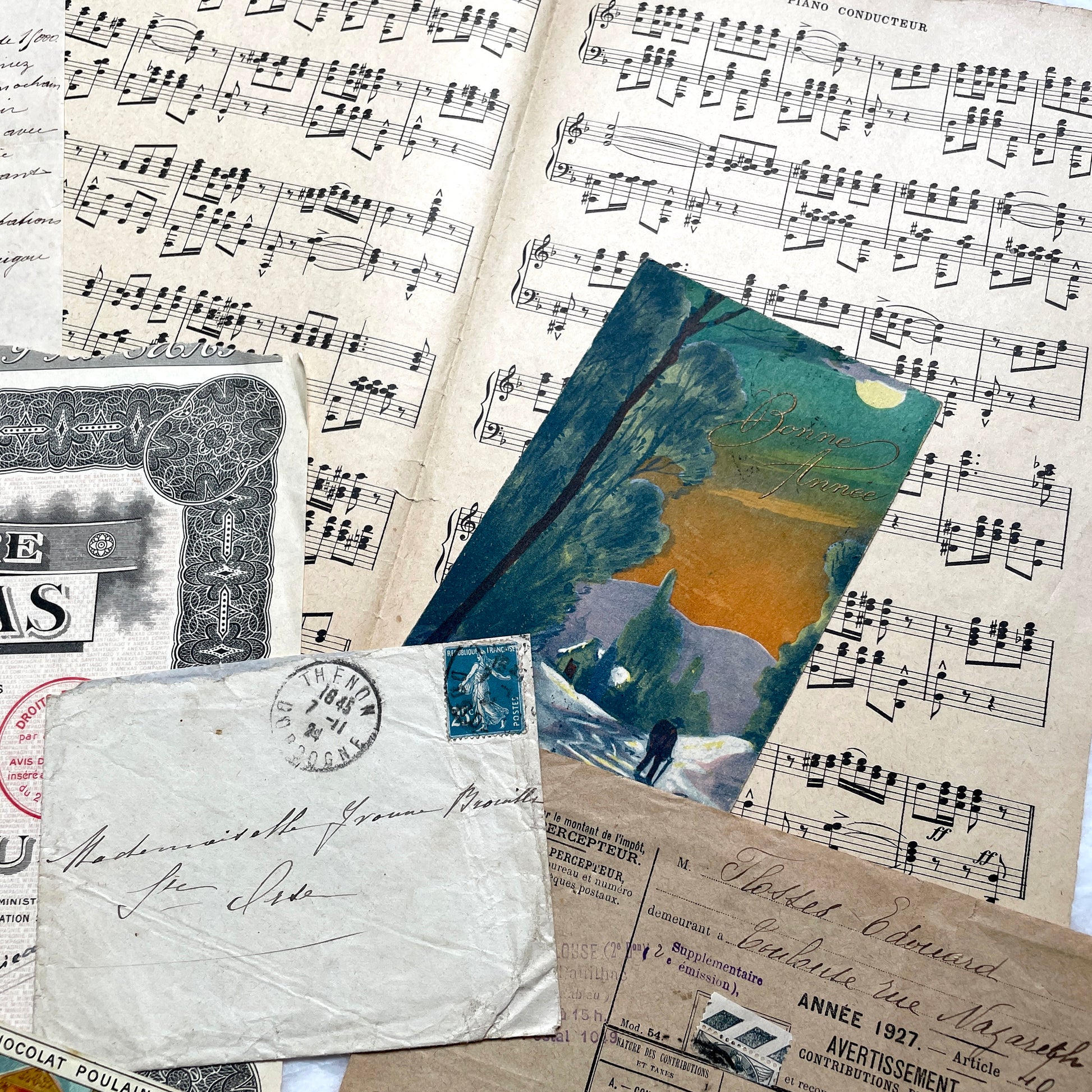 1920s French historical paper ephemera lot with stock certificate, handwritten letters, postcards, and vintage photo.