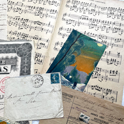 1920s French historical paper ephemera lot with stock certificate, handwritten letters, postcards, and vintage photo.