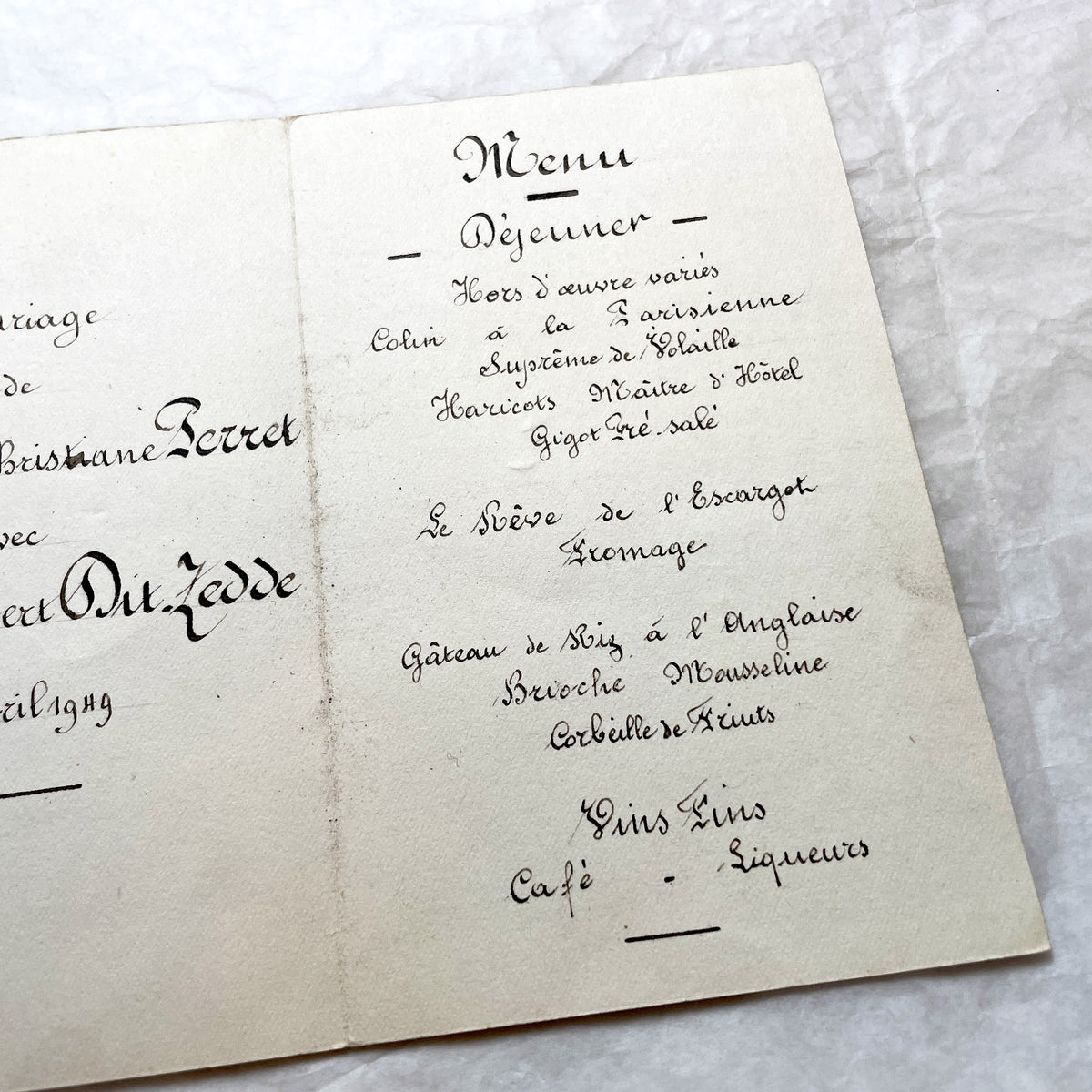 1910s - 1940s - French Wedding Ephemera Set - Marriage Menu & Illustrated Card - Christiane and Robert Marriage