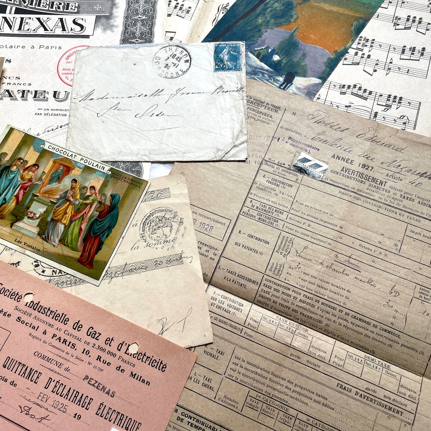 1920s French historical paper ephemera lot with stock certificate, handwritten letters, postcards, and vintage photo.