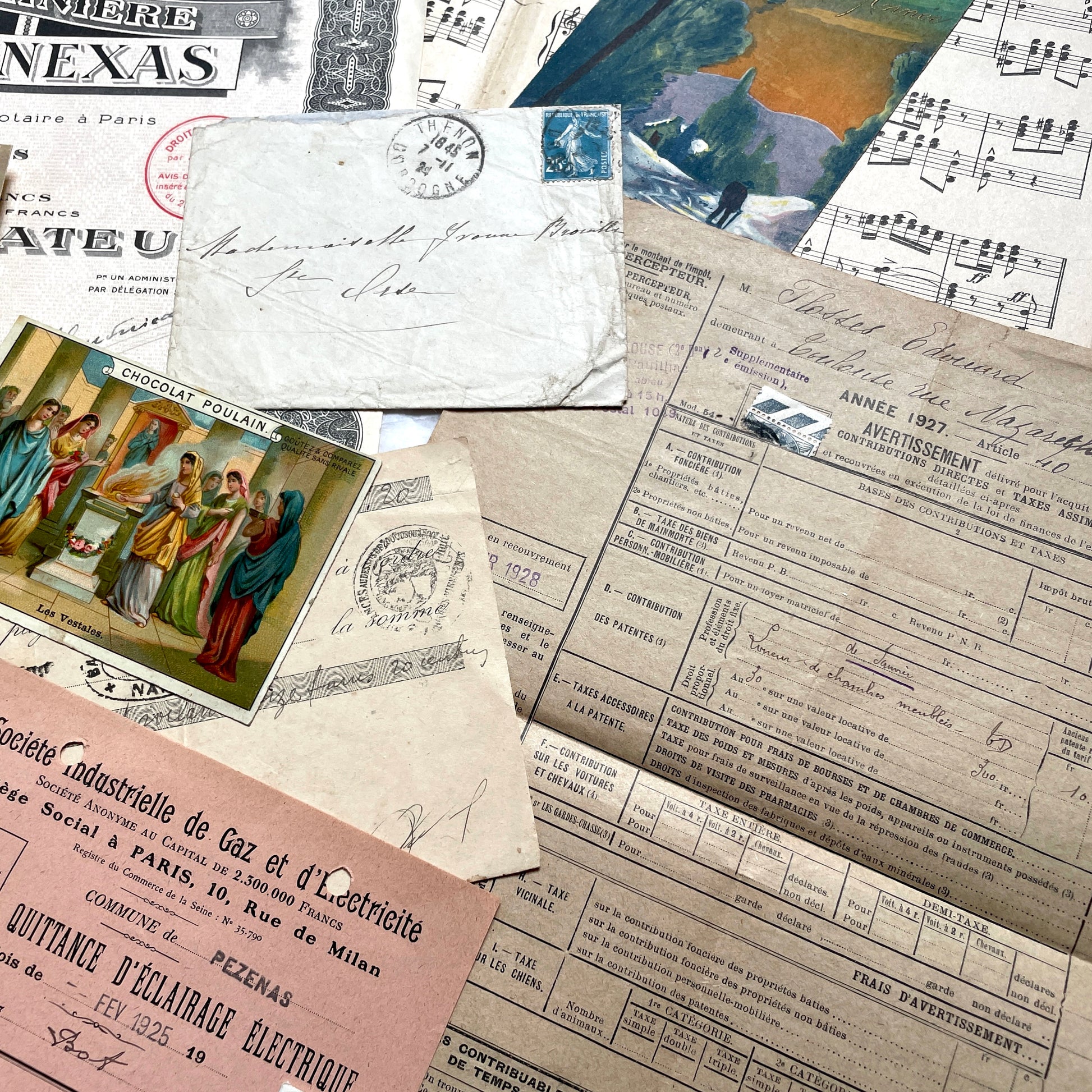 1920s French historical paper ephemera lot with stock certificate, handwritten letters, postcards, and vintage photo.