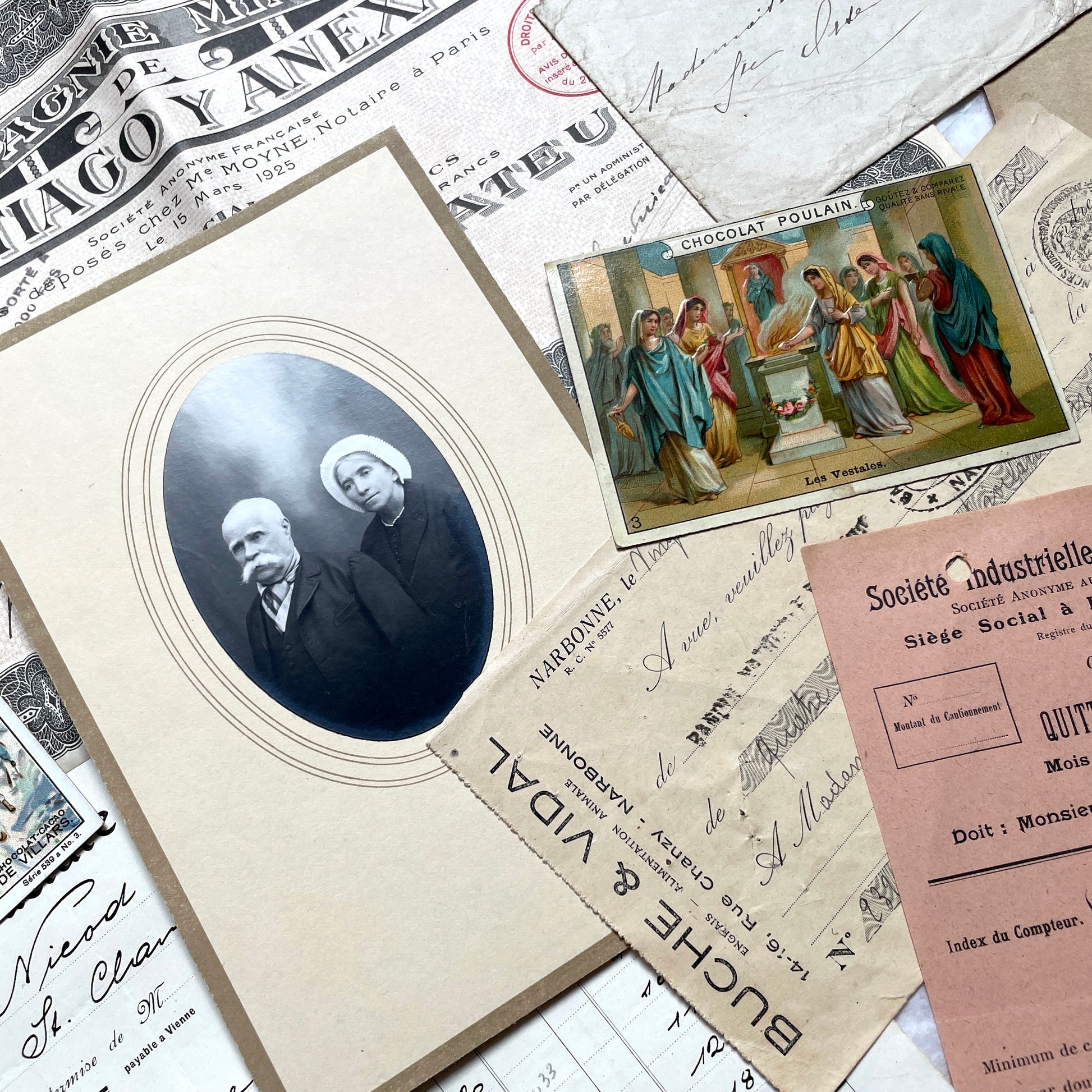 1920s French historical paper ephemera lot with stock certificate, handwritten letters, postcards, and vintage photo.