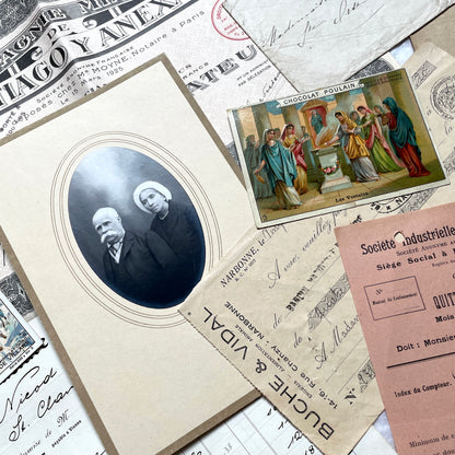 1920s French historical paper ephemera lot with stock certificate, handwritten letters, postcards, and vintage photo.