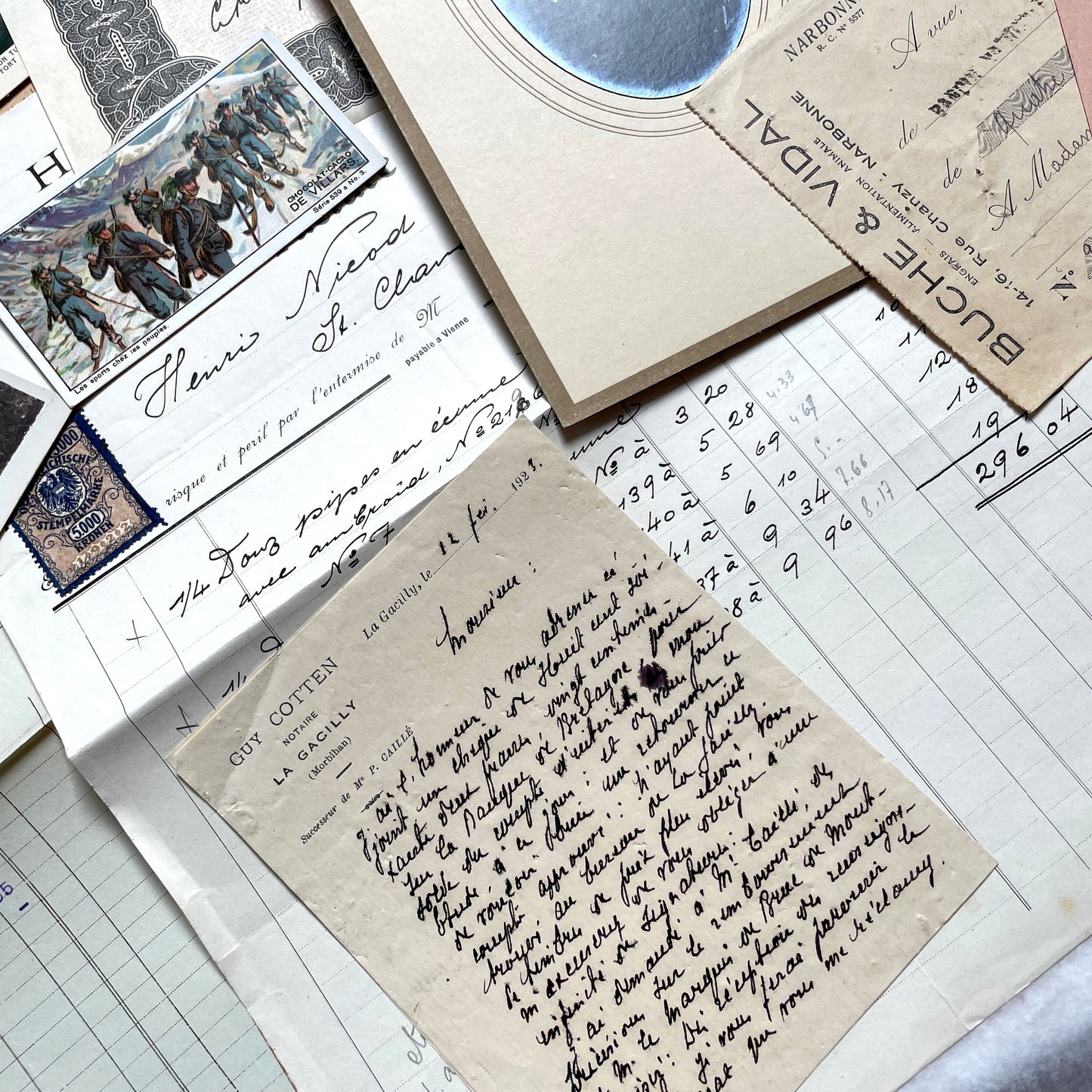 1920s French historical paper ephemera lot with stock certificate, handwritten letters, postcards, and vintage photo.