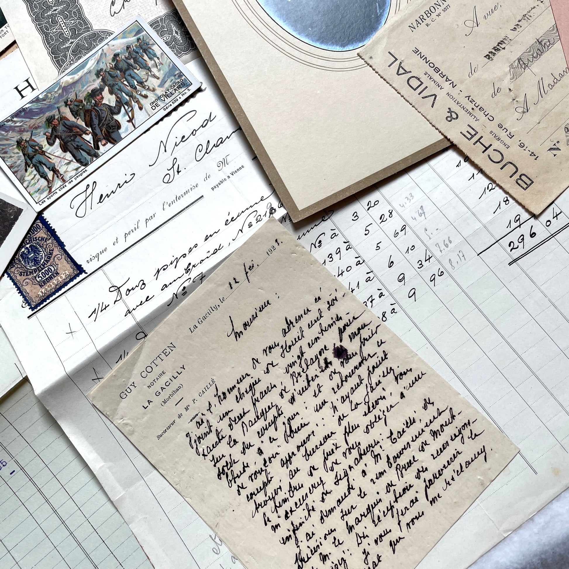 1920s French historical paper ephemera lot with stock certificate, handwritten letters, postcards, and vintage photo.