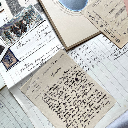 1920s French historical paper ephemera lot with stock certificate, handwritten letters, postcards, and vintage photo.