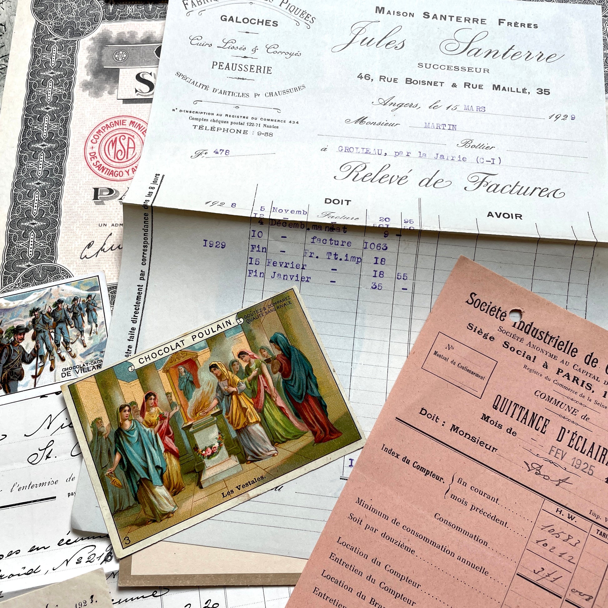 1920s French historical paper ephemera lot with stock certificate, handwritten letters, postcards, and vintage photo.