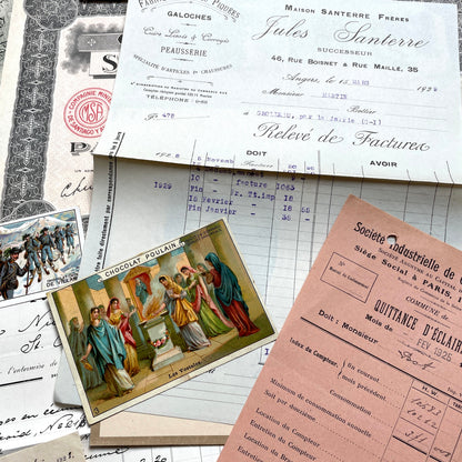 1920s French historical paper ephemera lot with stock certificate, handwritten letters, postcards, and vintage photo.