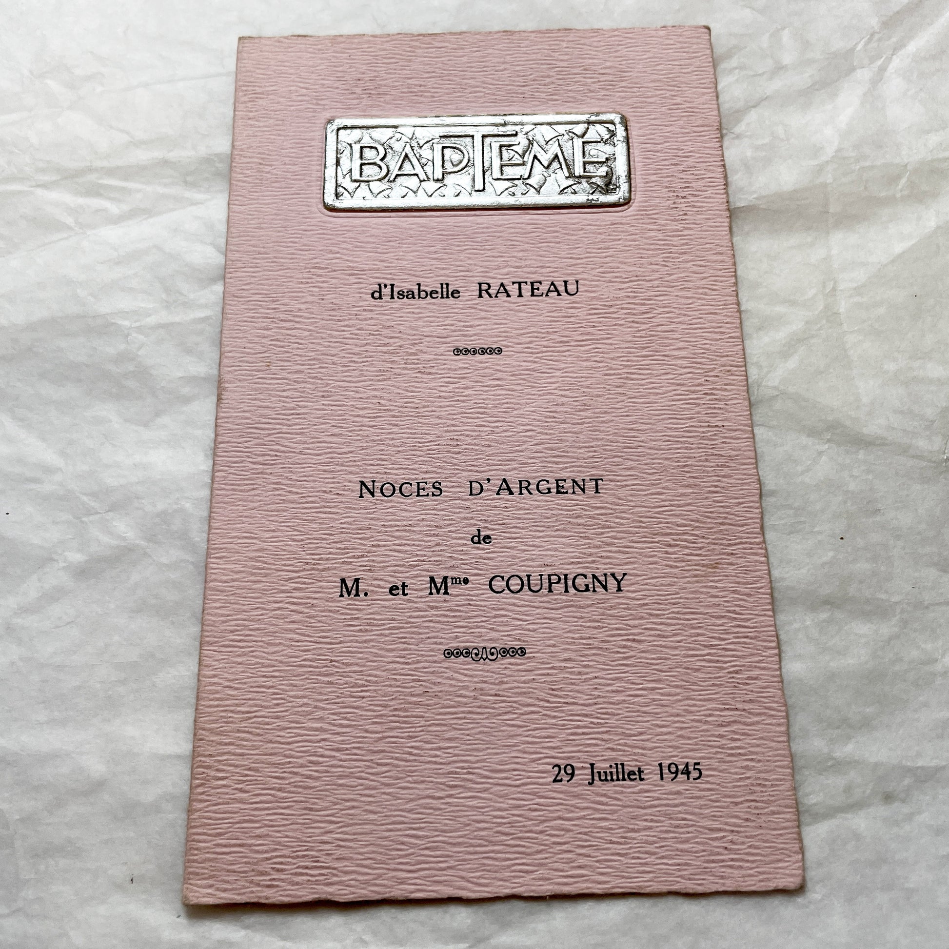 1940s - Rare French Double Celebration Menu - 1945 Baptism Silver Wedding Anniversary - Post WWII Rationing Collectible