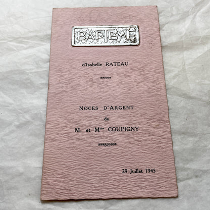 1940s - Rare French Double Celebration Menu - 1945 Baptism Silver Wedding Anniversary - Post WWII Rationing Collectible