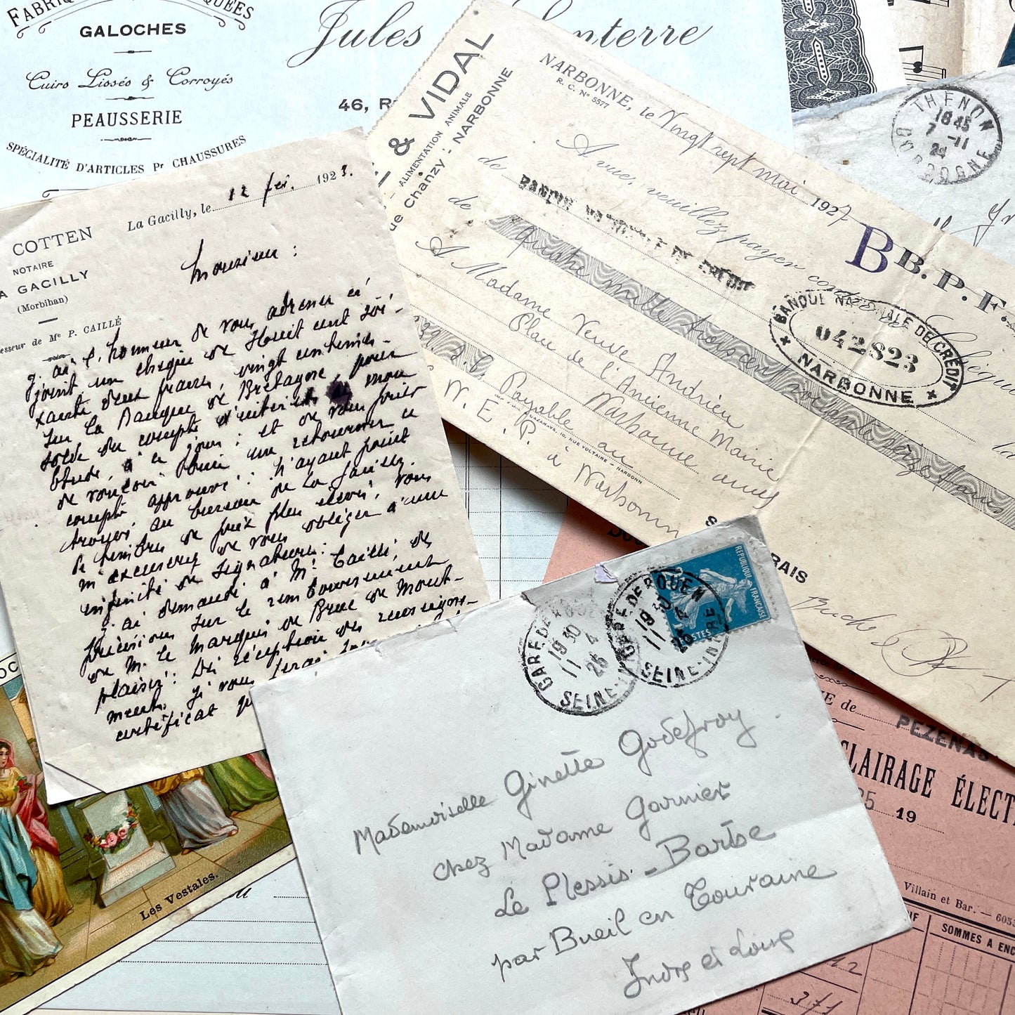 1920s French historical paper ephemera lot with stock certificate, handwritten letters, postcards, and vintage photo.