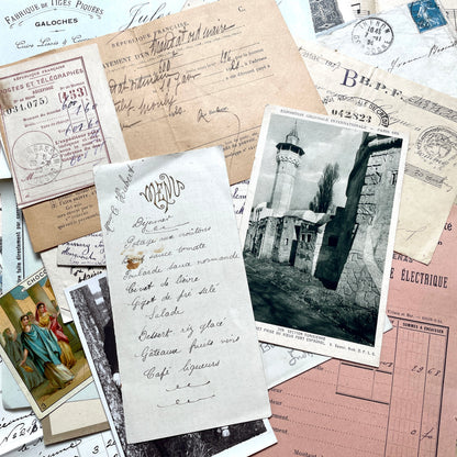 1920s French historical paper ephemera lot with stock certificate, handwritten letters, postcards, and vintage photo.