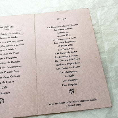 1940s - Rare French Double Celebration Menu - 1945 Baptism Silver Wedding Anniversary - Post WWII Rationing Collectible